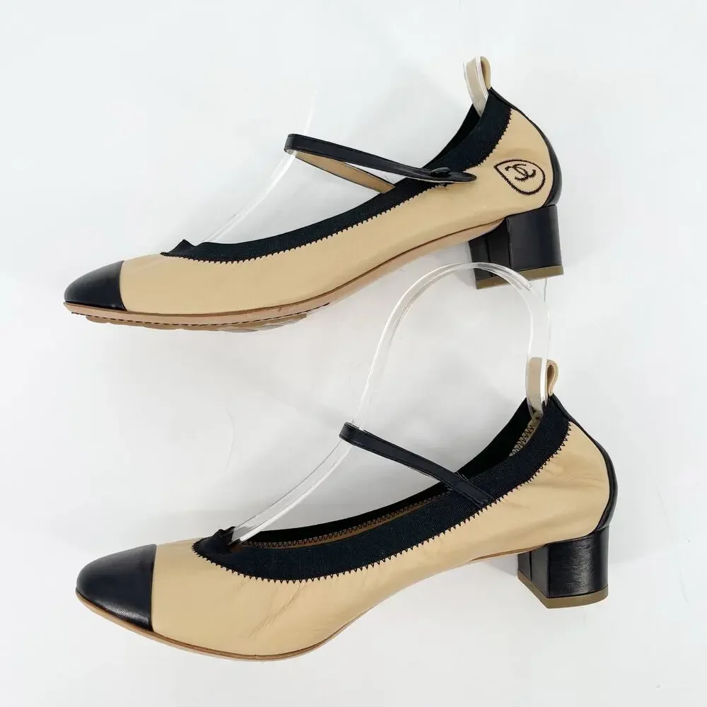 Chanel Retro y2k Beige & Black CC Cap Toe Leather Mary Jane Strap Heels EU 38.5